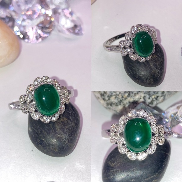 Art Deco Emerald Zircon Gemstone Micro Paved Halo Ring - Picture 3 of 6